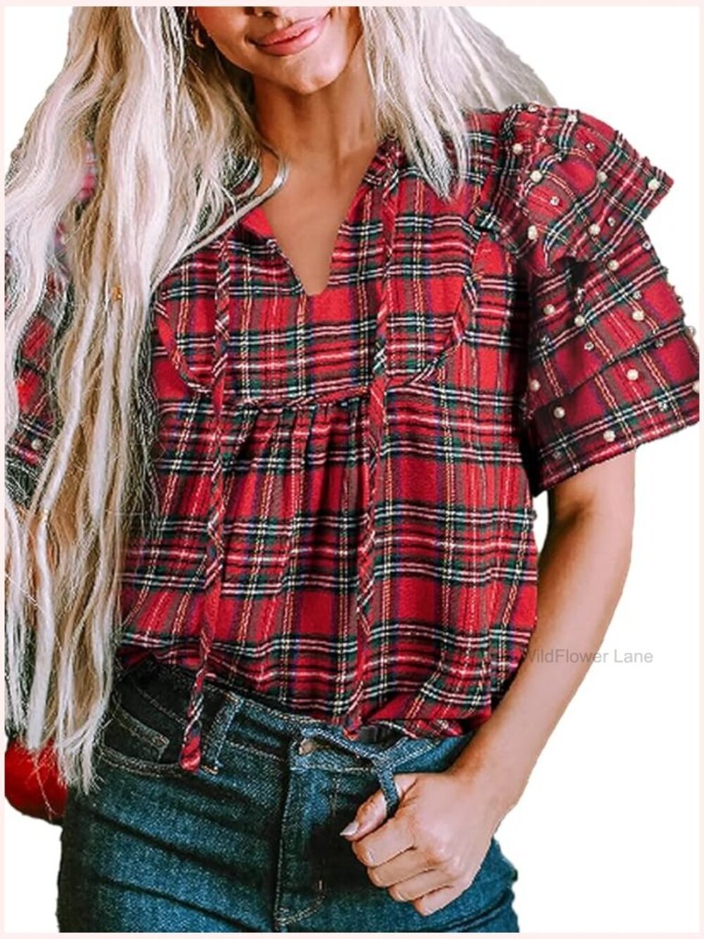 Plaid Pearl Ruffle Short Sleeve Loose Tunic Tops for Women